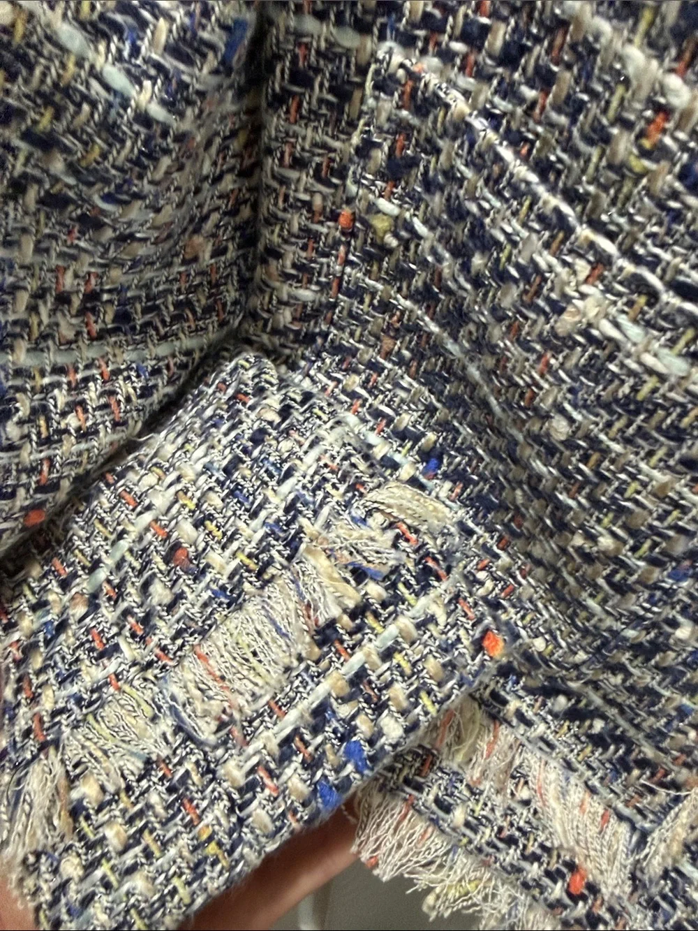 J. Crew Navy and Cream Tweed Fringe Jacket